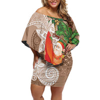 Polynesian Family Matching Off Shoulder Short Dress and Hawaiian Shirt Tropical Santa - Plumeria Beige Vintage LT7 Mom's Dress Beige - Polynesian Pride