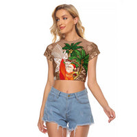 Polynesian Raglan Cropped T Shirt Tropical Santa - Plumeria Beige Vintage