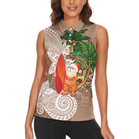 Polynesian Women Sleeveless Polo Shirt Tropical Santa - Plumeria Beige Vintage