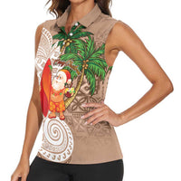 Polynesian Women Sleeveless Polo Shirt Tropical Santa - Plumeria Beige Vintage