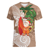 Polynesian Women V-Neck T-Shirt Tropical Santa - Plumeria Beige Vintage