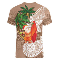 Polynesian Women V-Neck T-Shirt Tropical Santa - Plumeria Beige Vintage