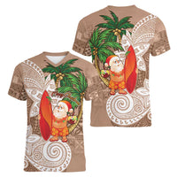 Polynesian Women V-Neck T-Shirt Tropical Santa - Plumeria Beige Vintage