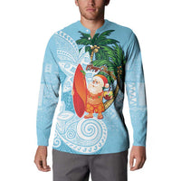 Polynesian Button Sweatshirt Tropical Santa - Plumeria Turquoise Vintage