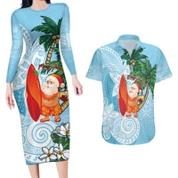 Polynesian Couples Matching Long Sleeve Bodycon Dress and Hawaiian Shirt Tropical Santa - Plumeria Turquoise Vintage LT7 Turquoise - Polynesian Pride