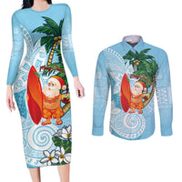 Polynesian Couples Matching Long Sleeve Bodycon Dress and Long Sleeve Button Shirt Tropical Santa - Plumeria Turquoise Vintage LT7 Turquoise - Polynesian Pride