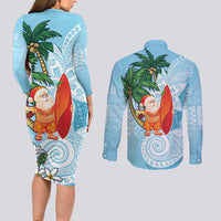 Polynesian Couples Matching Long Sleeve Bodycon Dress and Long Sleeve Button Shirt Tropical Santa - Plumeria Turquoise Vintage LT7 - Polynesian Pride