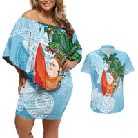 Polynesian Couples Matching Off Shoulder Short Dress and Hawaiian Shirt Tropical Santa - Plumeria Turquoise Vintage