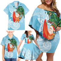 Polynesian Family Matching Off Shoulder Short Dress and Hawaiian Shirt Tropical Santa - Plumeria Turquoise Vintage LT7 - Polynesian Pride