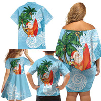 Polynesian Family Matching Off Shoulder Short Dress and Hawaiian Shirt Tropical Santa - Plumeria Turquoise Vintage LT7 - Polynesian Pride