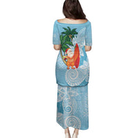 Polynesian Family Matching Puletasi and Hawaiian Shirt Tropical Santa - Plumeria Turquoise Vintage LT7 - Polynesian Pride