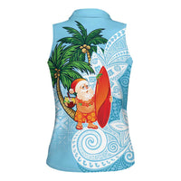 Polynesian Women Sleeveless Polo Shirt Tropical Santa - Plumeria Turquoise Vintage