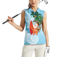 Polynesian Women Sleeveless Polo Shirt Tropical Santa - Plumeria Turquoise Vintage