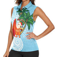 Polynesian Women Sleeveless Polo Shirt Tropical Santa - Plumeria Turquoise Vintage