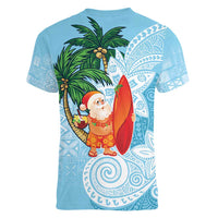 Polynesian Women V-Neck T-Shirt Tropical Santa - Plumeria Turquoise Vintage