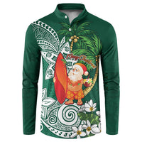 Polynesian Button Sweatshirt Tropical Santa - Plumeria Green Vintage