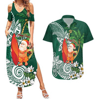 Polynesian Couples Matching Summer Maxi Dress and Hawaiian Shirt Tropical Santa - Plumeria Green Vintage