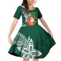 Polynesian Family Matching Off Shoulder Short Dress and Hawaiian Shirt Tropical Santa - Plumeria Green Vintage LT7 Daughter's Dress Green - Polynesian Pride