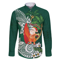 Polynesian Family Matching Off Shoulder Short Dress and Hawaiian Shirt Tropical Santa - Plumeria Green Vintage LT7 Dad's Shirt - Long Sleeve Green - Polynesian Pride