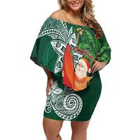 Polynesian Family Matching Off Shoulder Short Dress and Hawaiian Shirt Tropical Santa - Plumeria Green Vintage LT7 Mom's Dress Green - Polynesian Pride