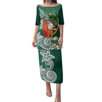 Polynesian Family Matching Puletasi and Hawaiian Shirt Tropical Santa - Plumeria Green Vintage LT7 Mom's Dress Green - Polynesian Pride