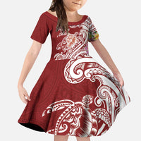 Aloha Hawaii Island Personalized Family Matching Long Sleeve Bodycon Dress and Hawaiian Shirt Crimson Dreamy Turtle LT7 Daughter's Dress Red - Polynesian Pride