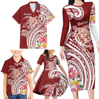 Aloha Hawaii Island Personalized Family Matching Long Sleeve Bodycon Dress and Hawaiian Shirt Crimson Dreamy Turtle LT7 - Polynesian Pride