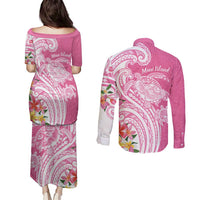 Aloha Maui Island Personalized Couples Matching Puletasi and Long Sleeve Button Shirt Rose Dreamy Turtle