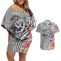 Aloha Kahoolawe Island Personalized Couples Matching Off Shoulder Short Dress and Hawaiian Shirt Ashen Dreamy Turtle