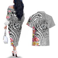 Aloha Kahoolawe Island Personalized Couples Matching Off The Shoulder Long Sleeve Dress and Hawaiian Shirt Ashen Dreamy Turtle