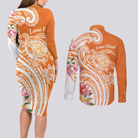 Aloha Lanai Island Personalized Couples Matching Long Sleeve Bodycon Dress and Long Sleeve Button Shirt Orange Dreamy Turtle