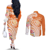Aloha Lanai Island Personalized Couples Matching Off The Shoulder Long Sleeve Dress and Long Sleeve Button Shirt Orange Dreamy Turtle