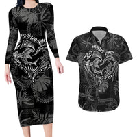 Hawaii Father's Day Vintage Lei Couples Matching Long Sleeve Bodycon Dress and Hawaiian Shirt Hauoli la Makuakane - Black LT7 Black - Polynesian Pride