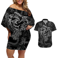 Hawaii Father's Day Vintage Lei Couples Matching Off Shoulder Short Dress and Hawaiian Shirt Hauoli la Makuakane - Black LT7 Black - Polynesian Pride