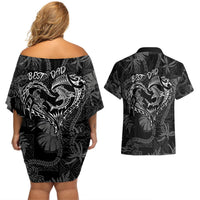 Hawaii Father's Day Vintage Lei Couples Matching Off Shoulder Short Dress and Hawaiian Shirt Hauoli la Makuakane - Black LT7 - Polynesian Pride