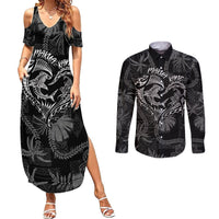 Hawaii Father's Day Vintage Lei Couples Matching Summer Maxi Dress and Long Sleeve Button Shirt Hauoli la Makuakane - Black LT7 Black - Polynesian Pride