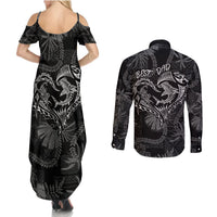 Hawaii Father's Day Vintage Lei Couples Matching Summer Maxi Dress and Long Sleeve Button Shirt Hauoli la Makuakane - Black LT7 - Polynesian Pride