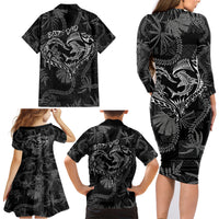Hawaii Father's Day Vintage Lei Family Matching Long Sleeve Bodycon Dress and Hawaiian Shirt Hauoli la Makuakane - Black LT7 - Polynesian Pride