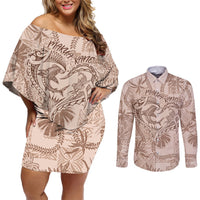 Hawaii Father's Day Vintage Lei Couples Matching Off Shoulder Short Dress and Long Sleeve Button Shirt Hauoli la Makuakane - Beige LT7 Beige - Polynesian Pride
