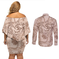 Hawaii Father's Day Vintage Lei Couples Matching Off Shoulder Short Dress and Long Sleeve Button Shirt Hauoli la Makuakane - Beige LT7 - Polynesian Pride