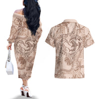 Hawaii Father's Day Vintage Lei Couples Matching Off The Shoulder Long Sleeve Dress and Hawaiian Shirt Hauoli la Makuakane - Beige LT7 - Polynesian Pride