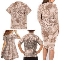 Hawaii Father's Day Vintage Lei Family Matching Long Sleeve Bodycon Dress and Hawaiian Shirt Hauoli la Makuakane - Beige LT7 - Polynesian Pride