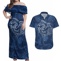 Hawaii Father's Day Vintage Lei Couples Matching Off Shoulder Maxi Dress and Hawaiian Shirt Hauoli la Makuakane - Blue LT7 Blue - Polynesian Pride