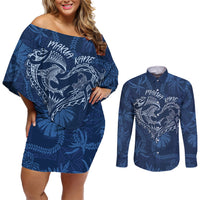 Hawaii Father's Day Vintage Lei Couples Matching Off Shoulder Short Dress and Long Sleeve Button Shirt Hauoli la Makuakane - Blue LT7 Blue - Polynesian Pride
