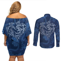 Hawaii Father's Day Vintage Lei Couples Matching Off Shoulder Short Dress and Long Sleeve Button Shirt Hauoli la Makuakane - Blue LT7 - Polynesian Pride