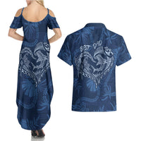 Hawaii Father's Day Vintage Lei Couples Matching Summer Maxi Dress and Hawaiian Shirt Hauoli la Makuakane - Blue LT7 - Polynesian Pride