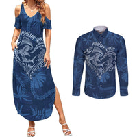 Hawaii Father's Day Vintage Lei Couples Matching Summer Maxi Dress and Long Sleeve Button Shirt Hauoli la Makuakane - Blue LT7 Blue - Polynesian Pride