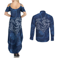 Hawaii Father's Day Vintage Lei Couples Matching Summer Maxi Dress and Long Sleeve Button Shirt Hauoli la Makuakane - Blue LT7 - Polynesian Pride