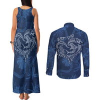 Hawaii Father's Day Vintage Lei Couples Matching Tank Maxi Dress and Long Sleeve Button Shirt Hauoli la Makuakane - Blue LT7 - Polynesian Pride