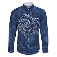 Hawaii Father's Day Vintage Lei Family Matching Off The Shoulder Long Sleeve Dress and Hawaiian Shirt Hauoli la Makuakane - Blue LT7 Dad's Shirt - Long Sleeve Blue - Polynesian Pride